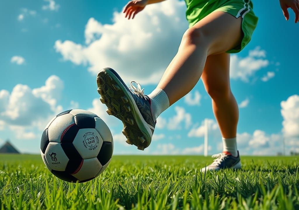 Woman Kicking Soccer Ball on Green Field: Matte Painting