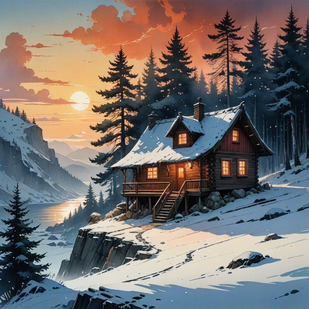 Ocean Cabin Sunset: Digital Matte Painting in Watercolour