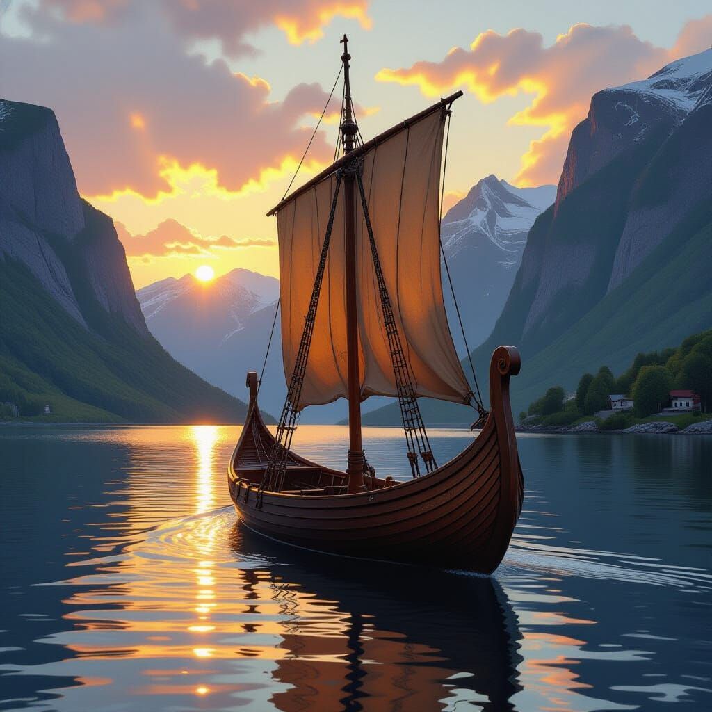 Viking Longship Sails Fjord at Sunset in Romantic Style