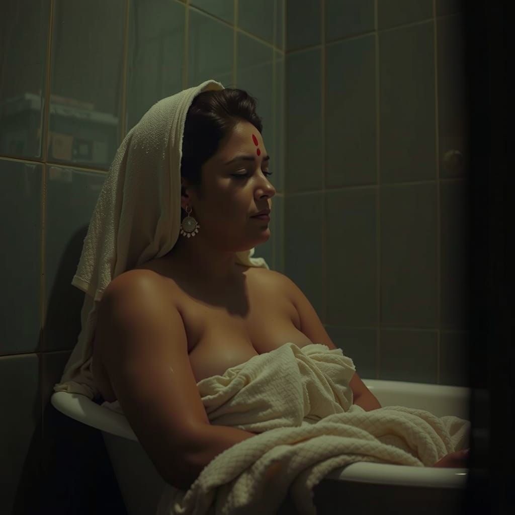 Fair-Skinned Indian Crossdresser in Contemplative Bath Towel...