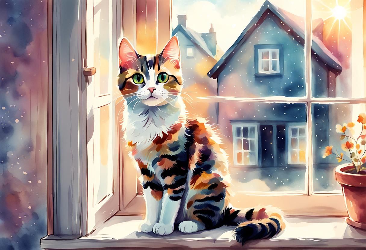 Sweet Cat Portrait in Watercolor Style