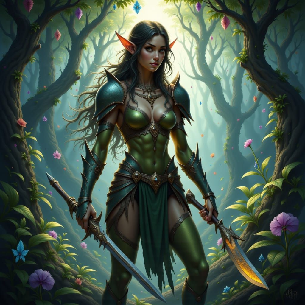 Regal Elf Warrior in Ancient Forest Digital Art