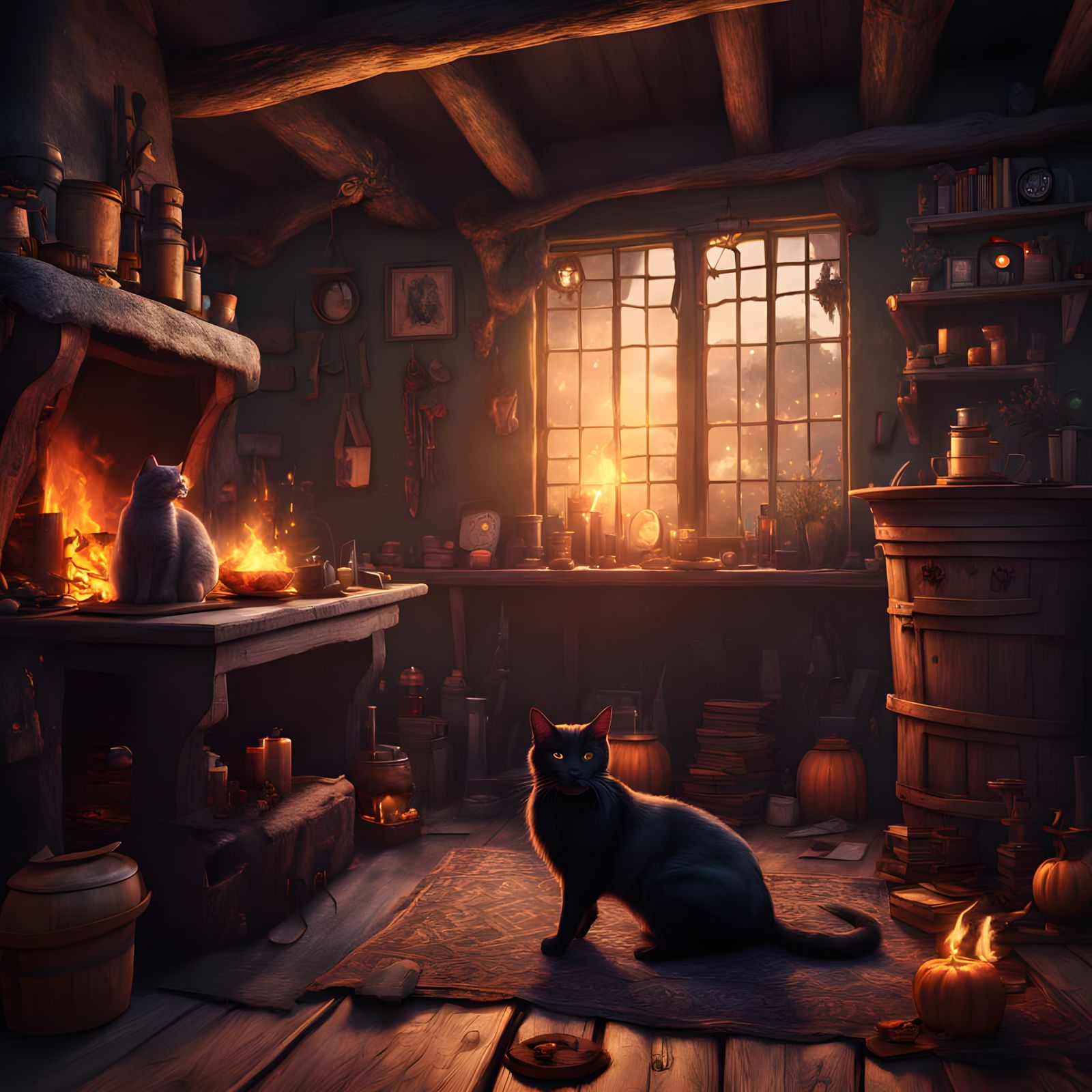 Fantastical Witch's Lair with Roaring Fire and Majestic Cat