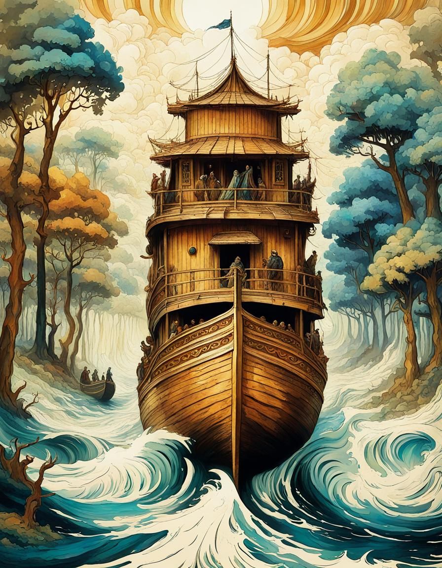 Epic Noah's Ark in Pre-Raphaelite Style