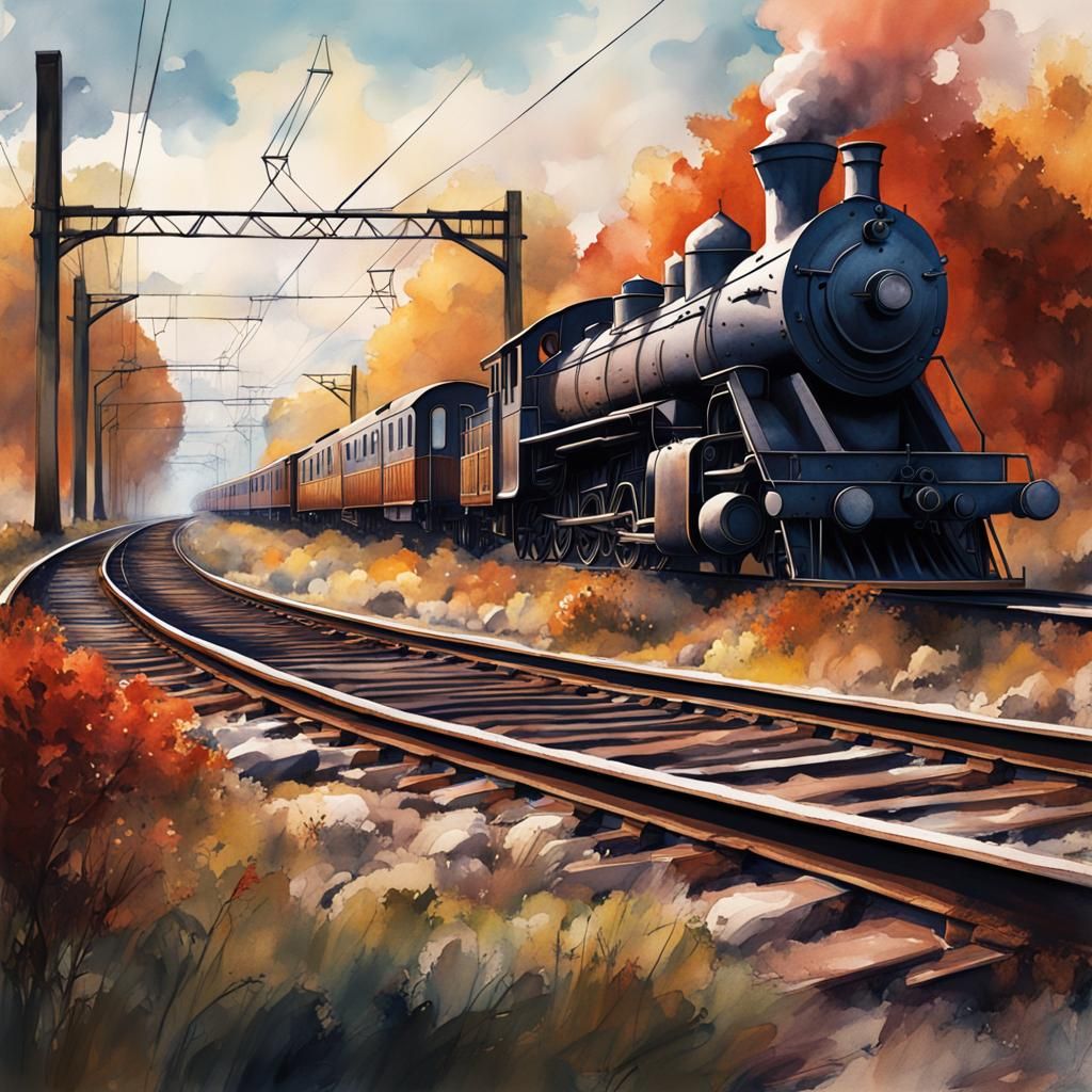 Train Tracks in Modern European Ink and Watercolor