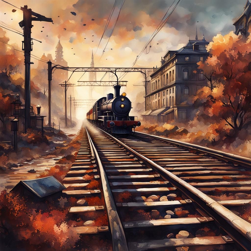 Train Tracks in Modern European Ink and Watercolor