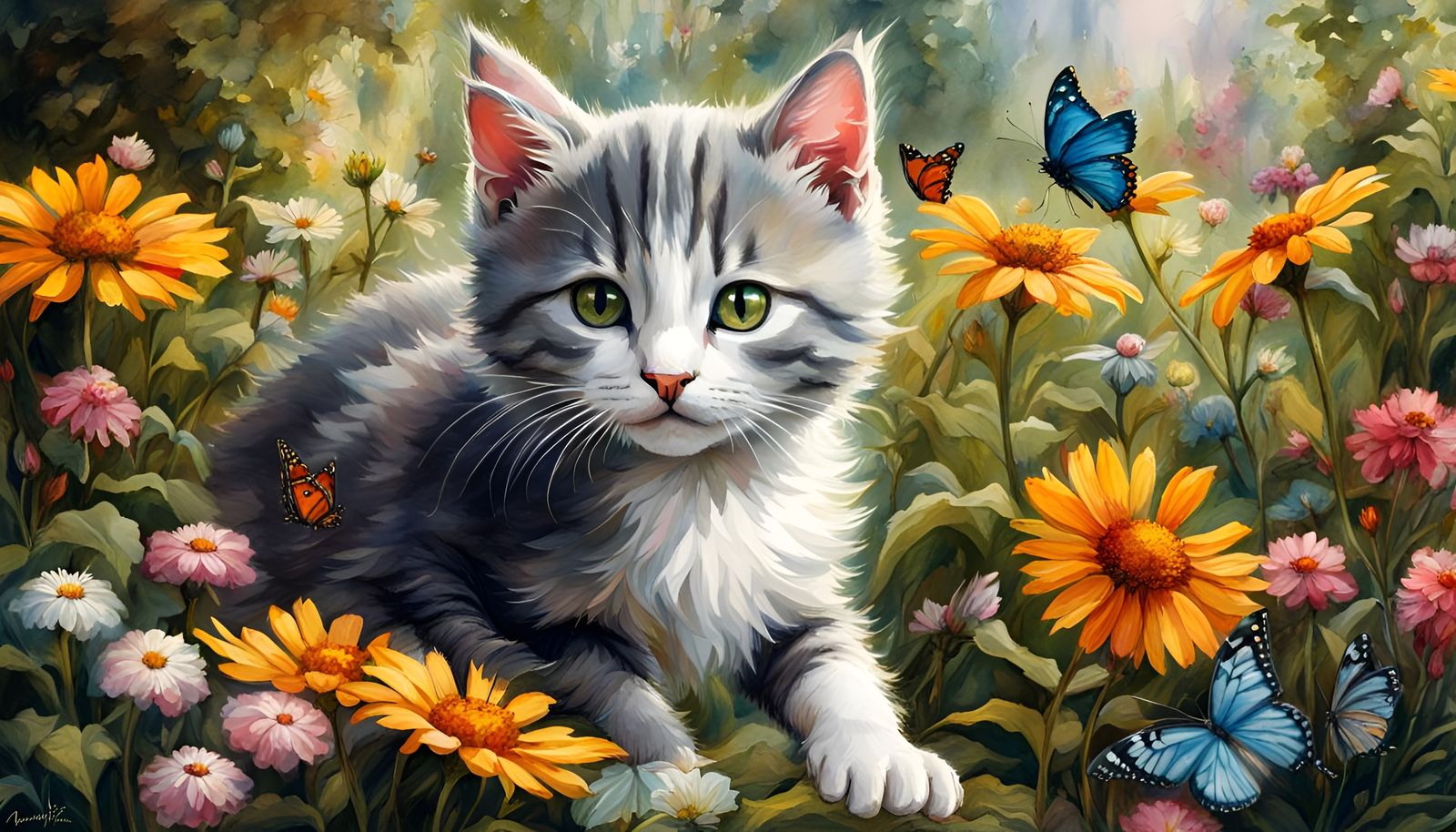 Kitten and Butterfly in Renaissance Garden