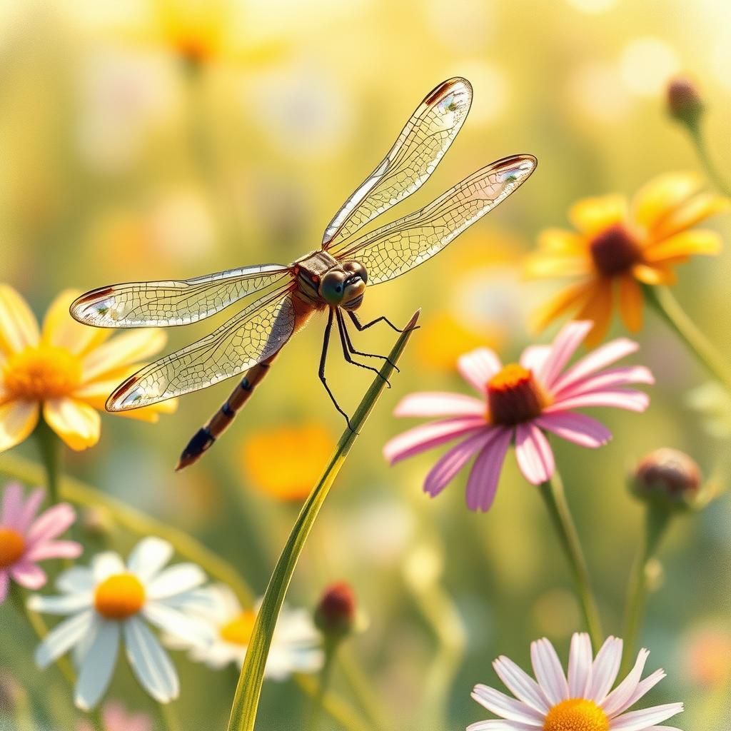 Dragonfly on Grass in Watercolor Illustration Style