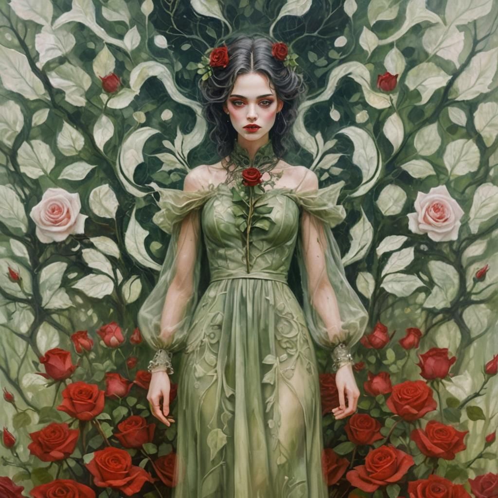 Punk Woman with Rose in Misty Forest
