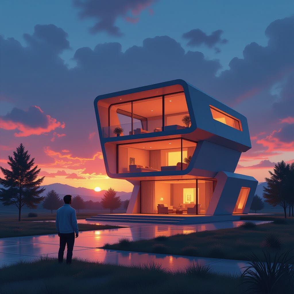 Futuristic Home Construction in 2050 with Flying Cement Ship