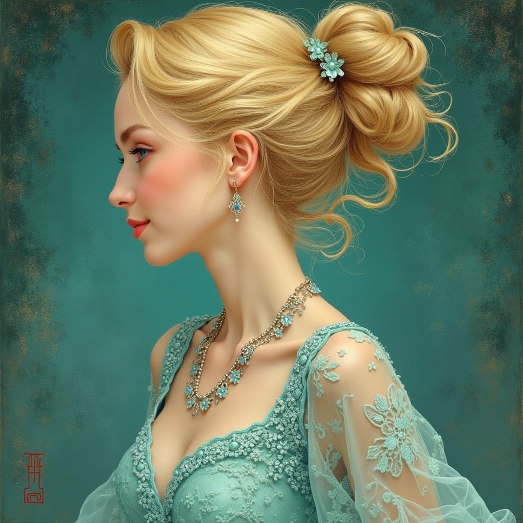 Blonde Woman in Blue Dress: Art Nouveau Digital Art