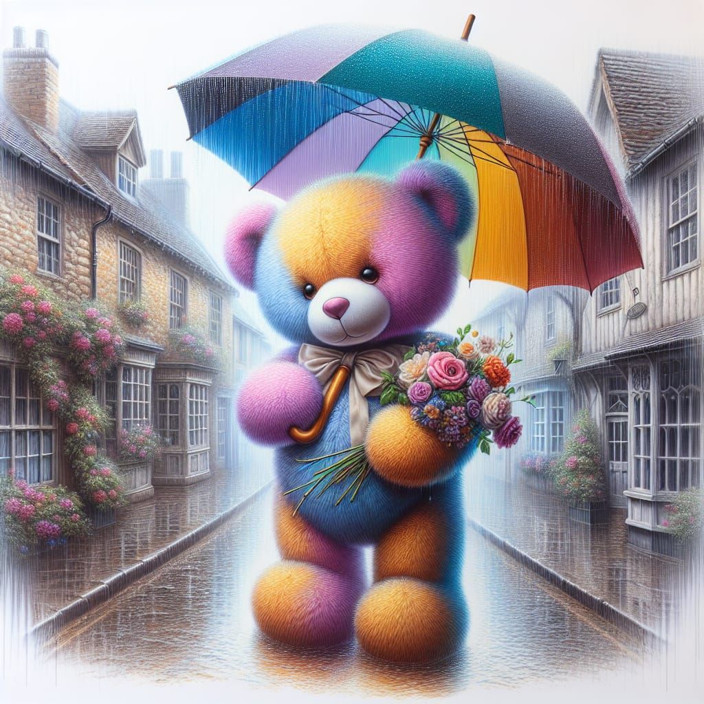 Whimsical Victorian Teddy Bear Adorns Quaint Rainy Town