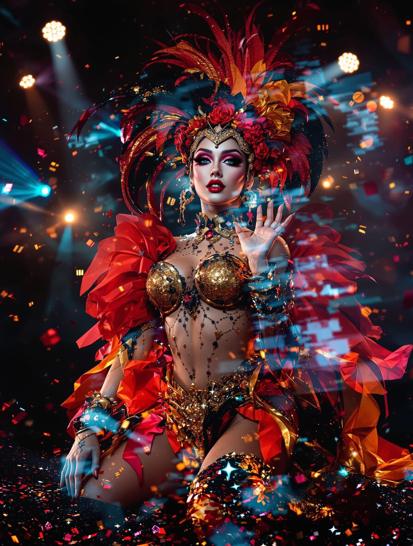 Showgirl in Glittering Gold and Red Attire