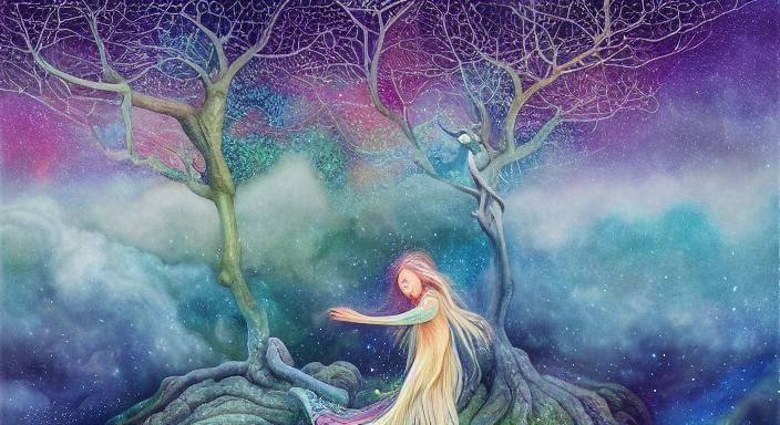 Woman Holding Galaxy in Peruvian Andes, Fairytale Art