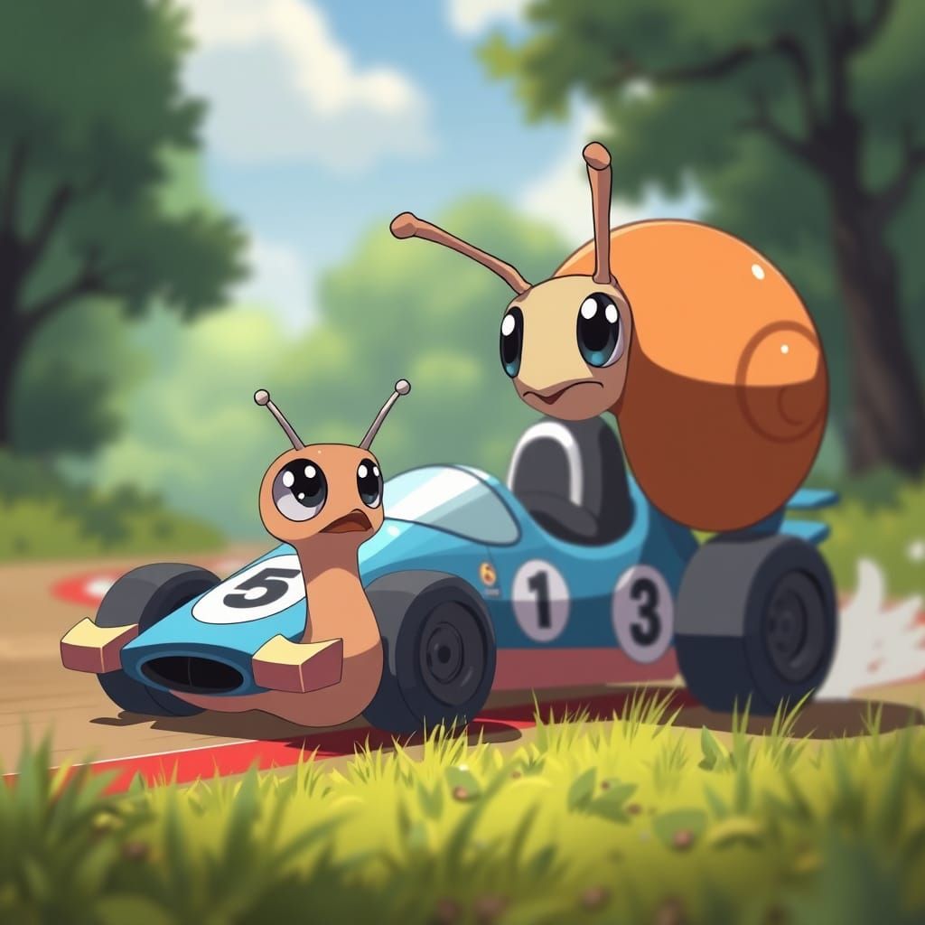 A Curious Snail looking at a race car anime style