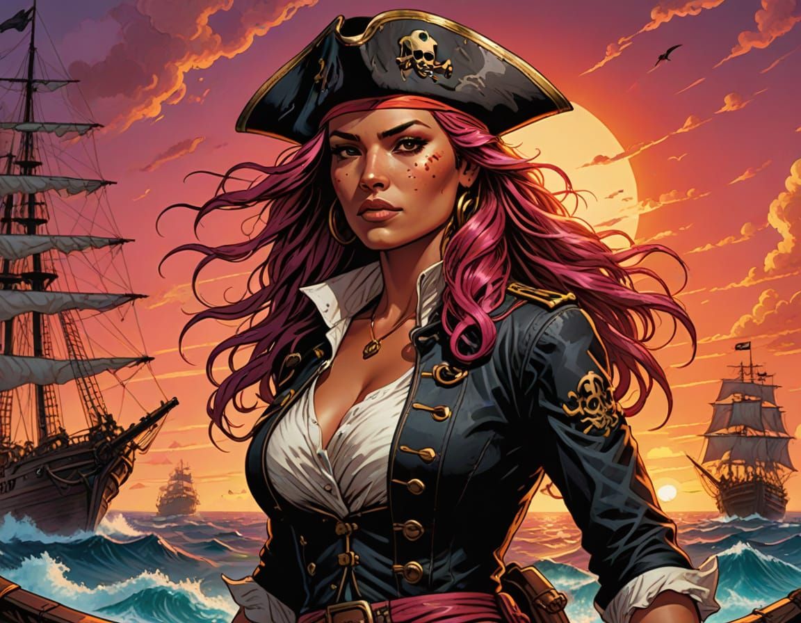 Pirate Leader on Ship, Comic Book Art Style