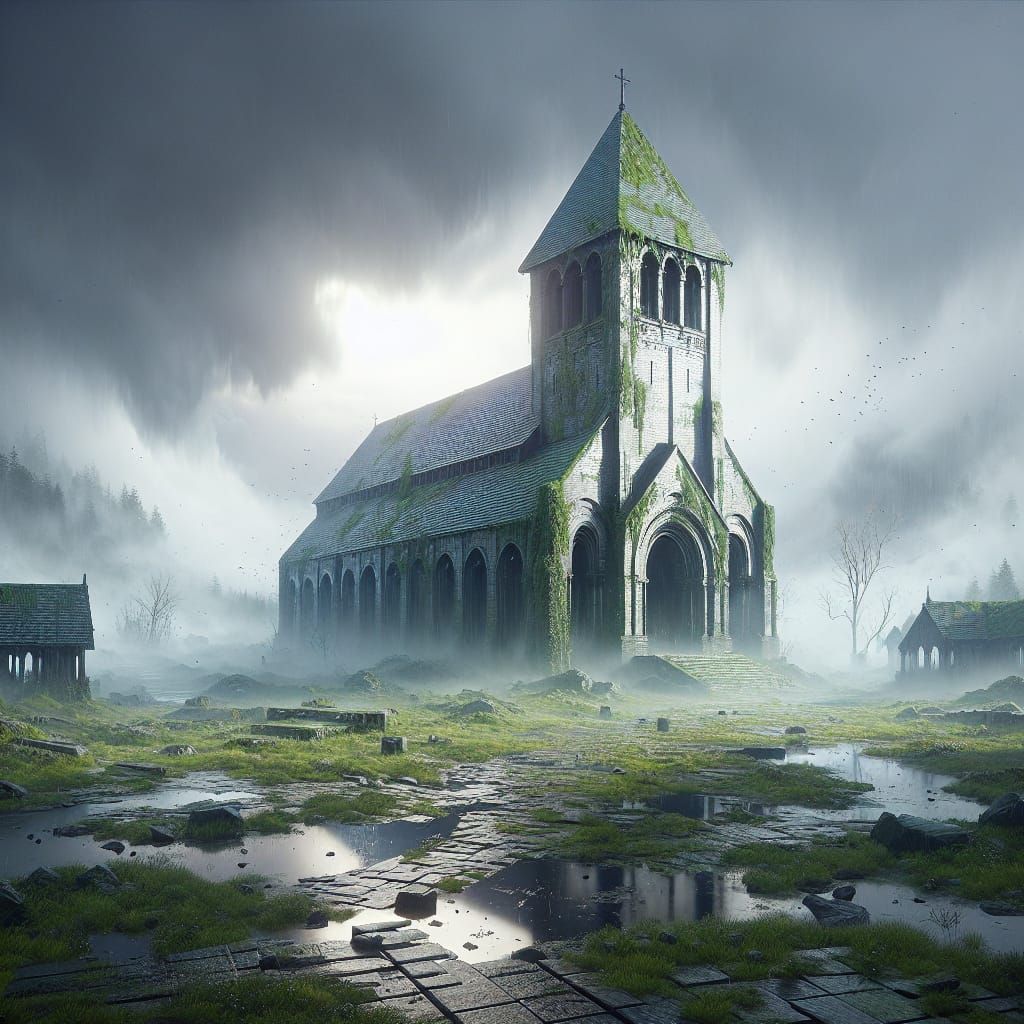 Abandoned Temple in Foggy Landscape - Fantasy Concept Art