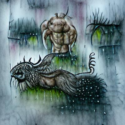 Brooding Creature in Rain: Fantasy Ink Art