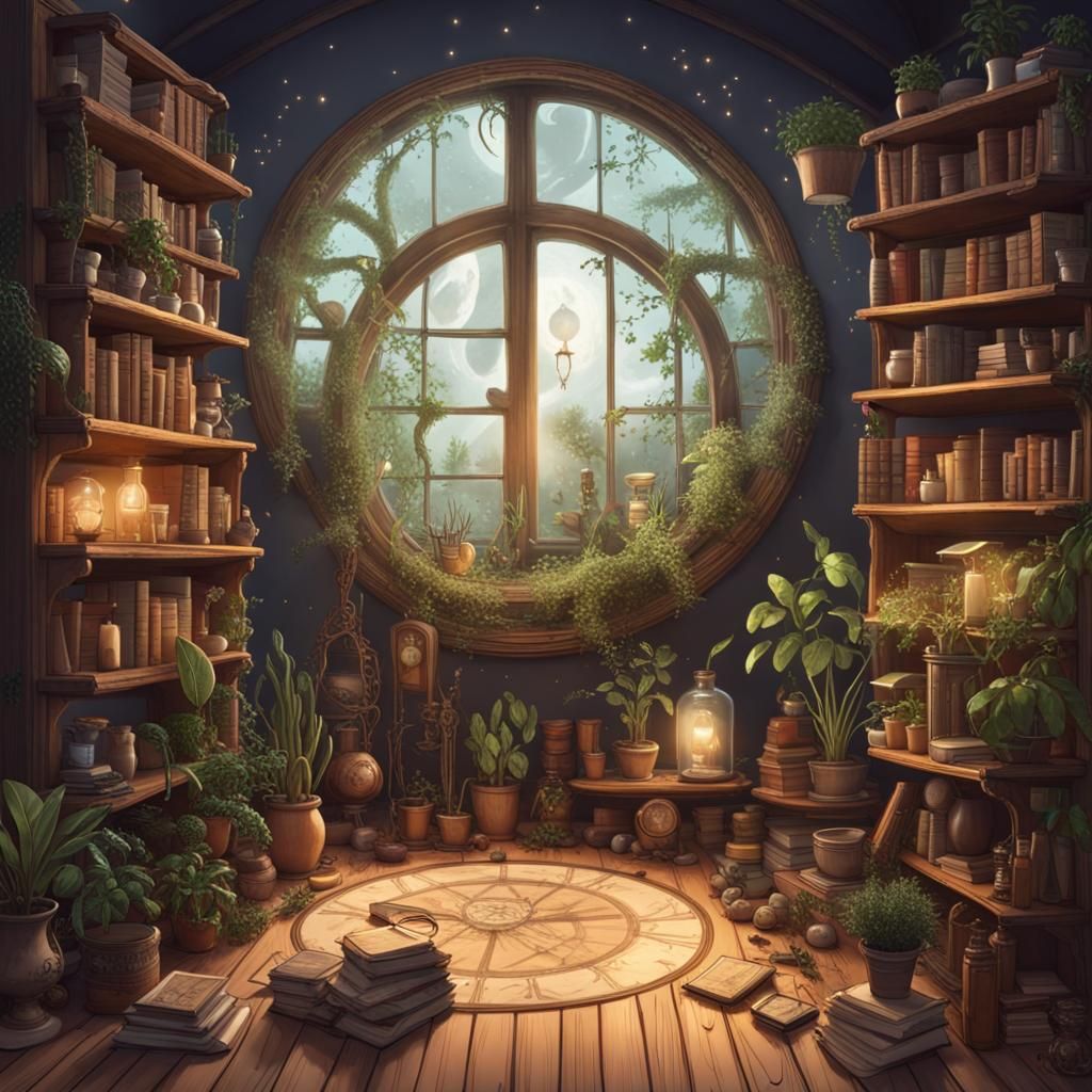 Magical Plant-Filled Room Lit by Moonlight