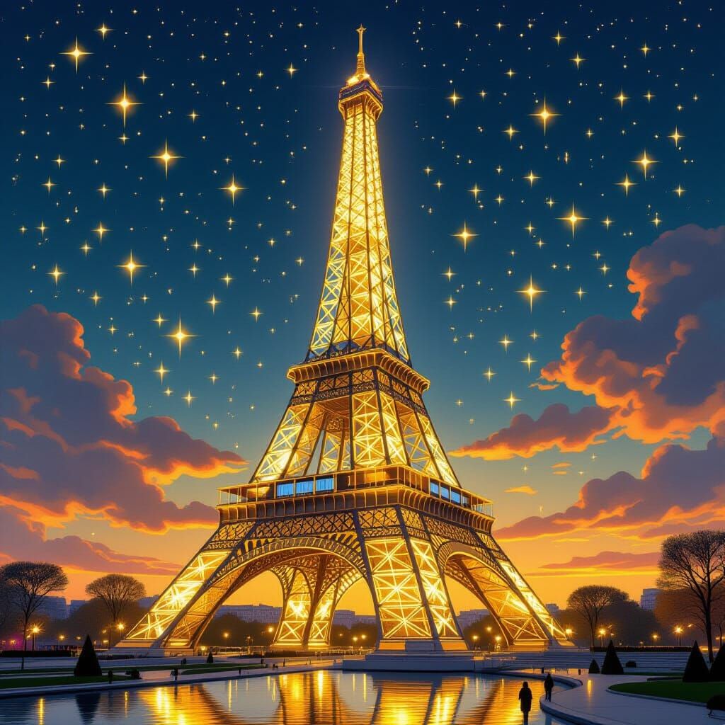 Golden Eiffel Tower in Autumn Light with Stars