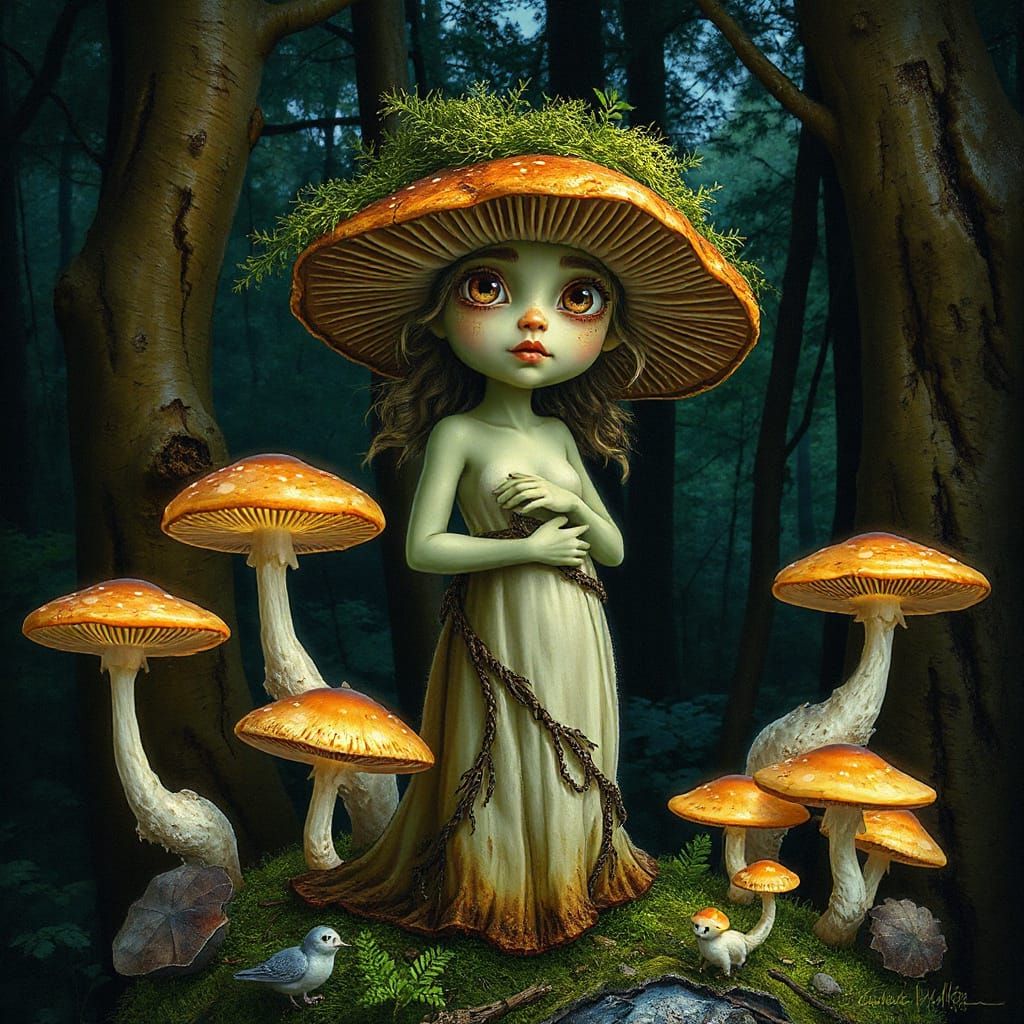 Whimsical Fungal Dryad in Enchanted Forest