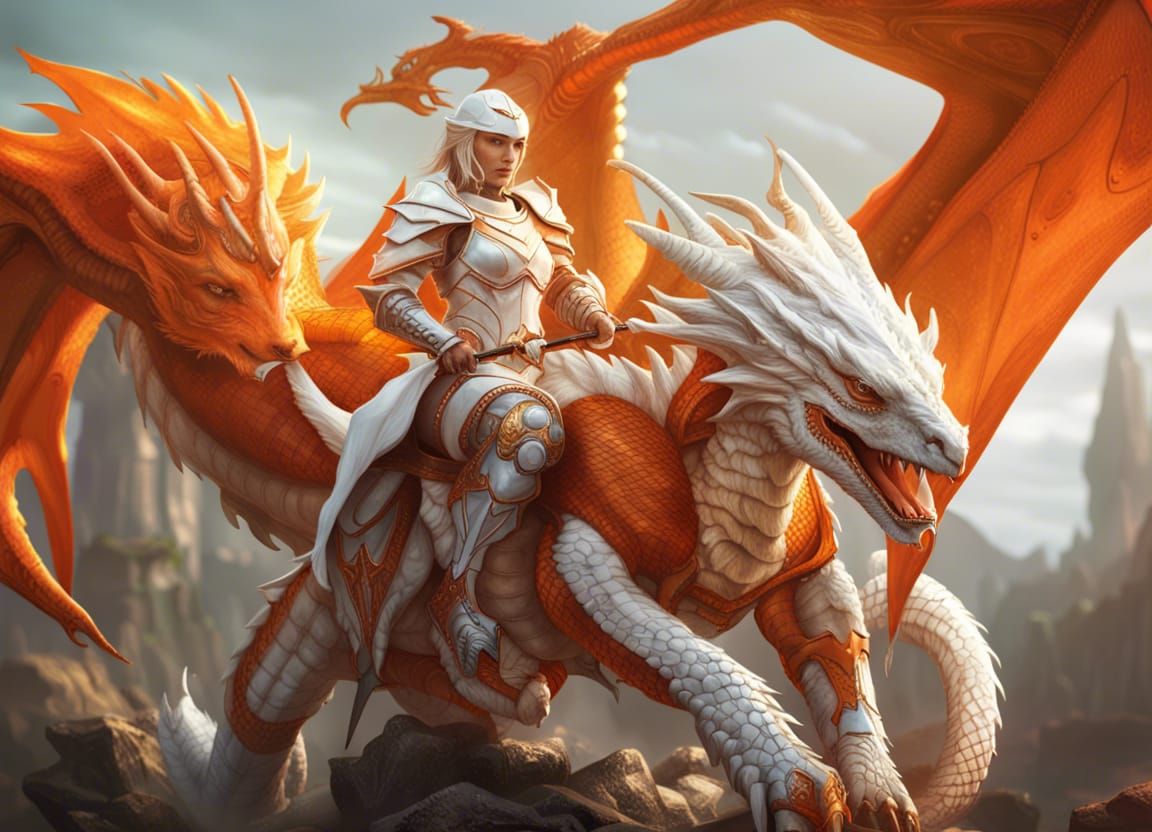 Female knight in white and orange armour riding an orange and white dragon