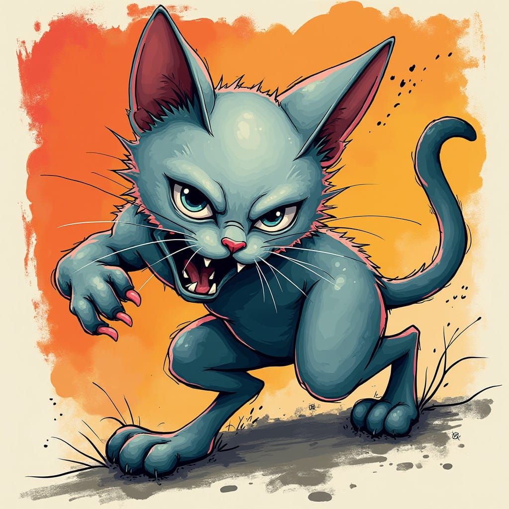 Fighting Bald Cat with Intense Blue-Red Eyes