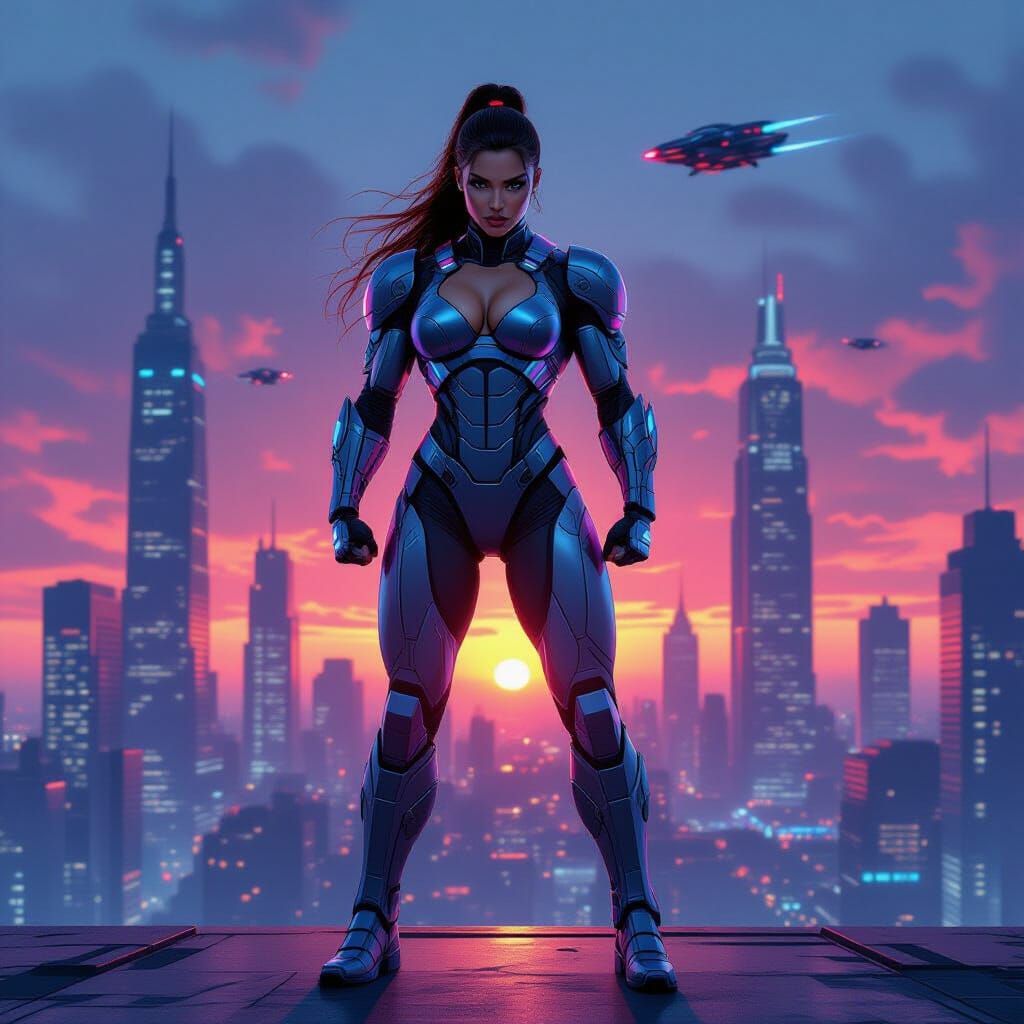 Cyberpunk Bodybuilder Hero in Retro-Futuristic Cityscape