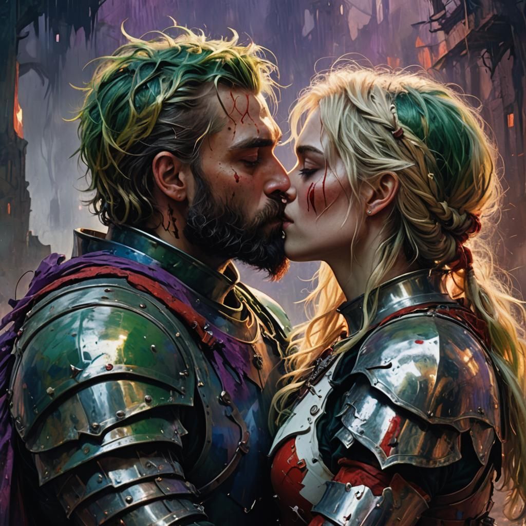 Dystopian Knights' Kiss: A Surrealist Oil Painting