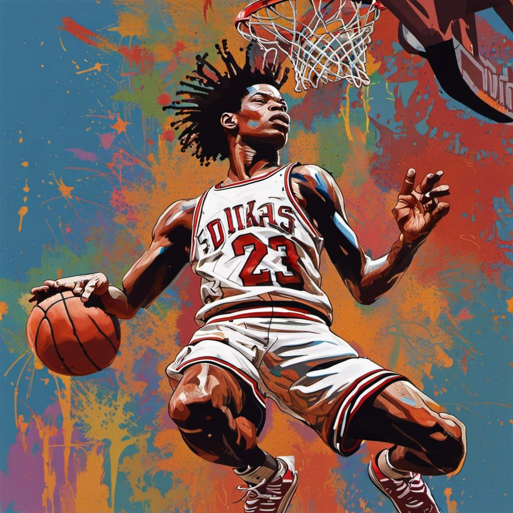 Jean-Michel Basquiat, dunking Like Michael Jordan.