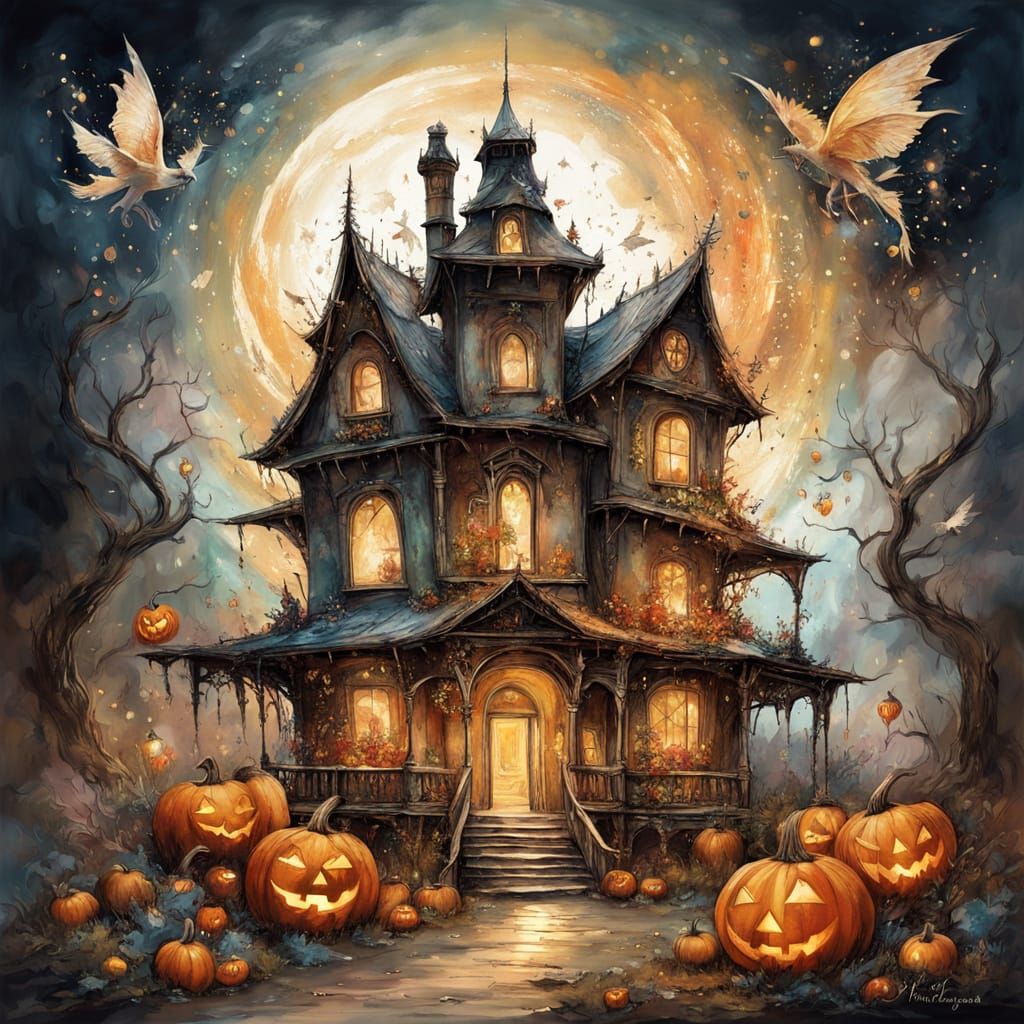 Haunted House with Ghosts and Ghouls in Fine Art Style