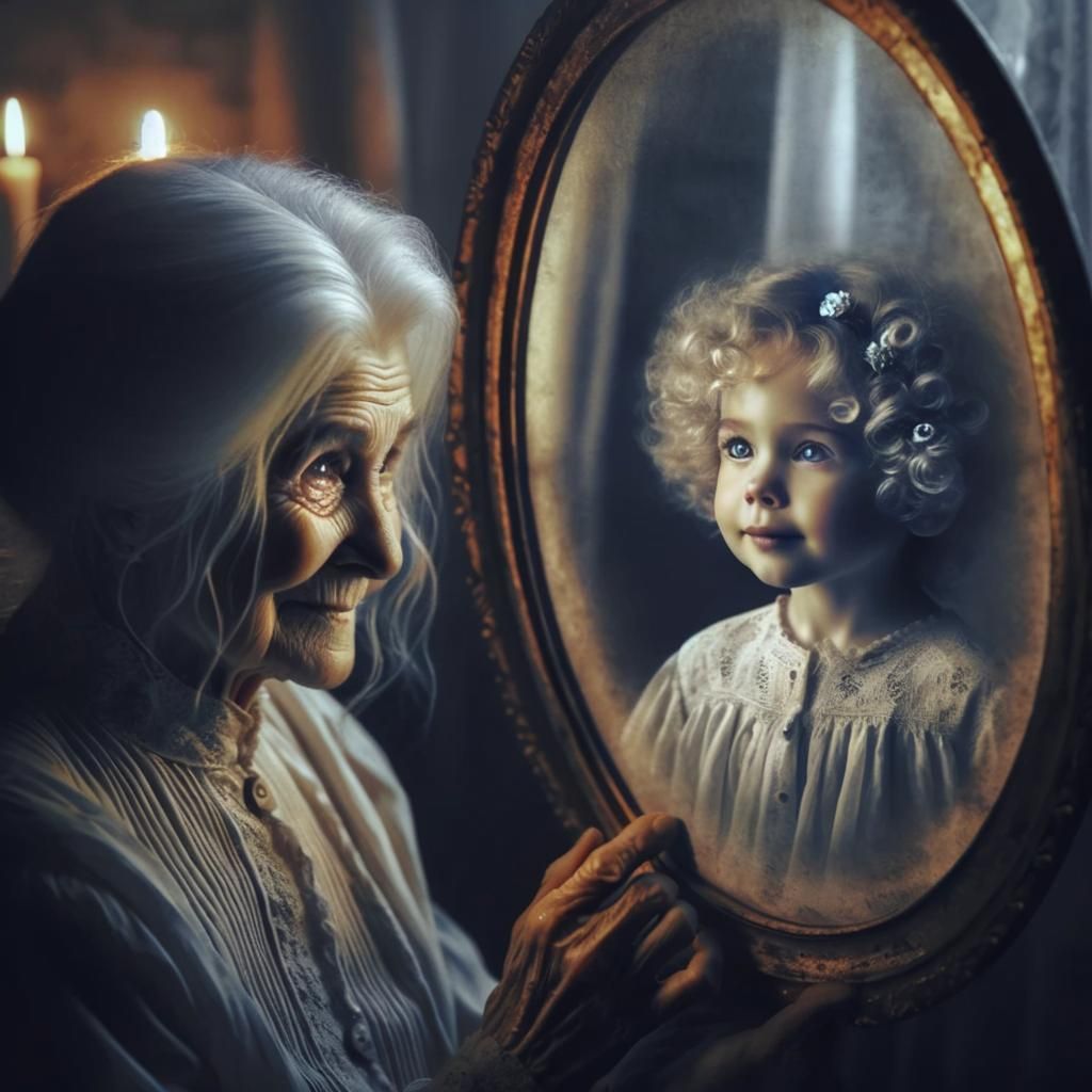 Nostalgic Reflection: Elderly Woman and Her Younger Self