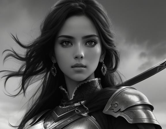 Detailed Grayscale Portrait of Female Swordsman