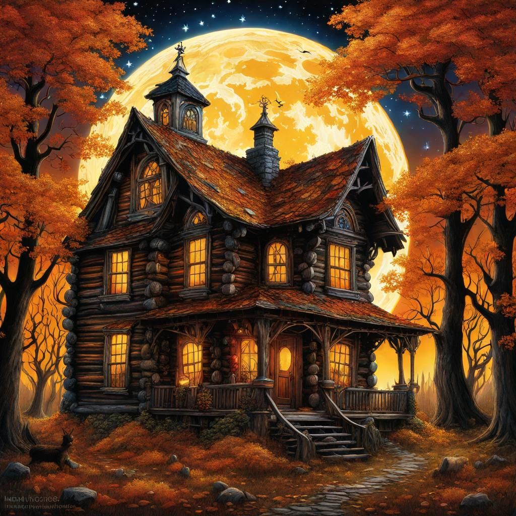 High Gothic Autumn Cabin Under a Harvest Moon