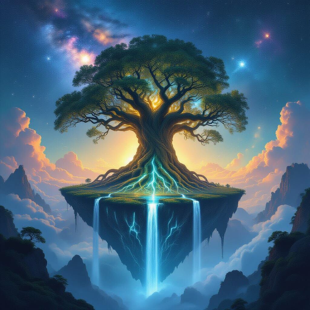 Ancient Bioluminescent Tree Anchors Floating Island in Nebul...