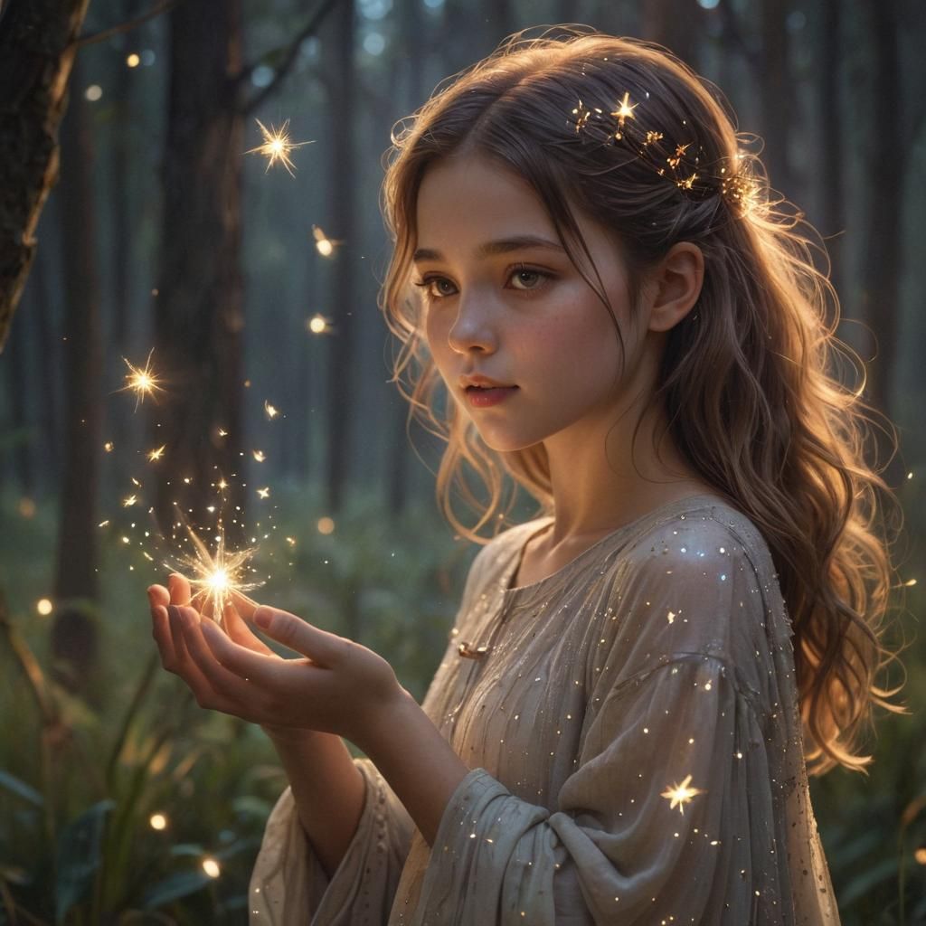 Girl Holds a Star in Dreamlike Environment