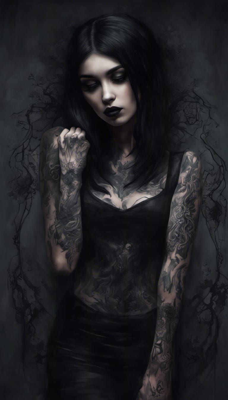 goth girl full body tattoo floating, hands behind her back, ...