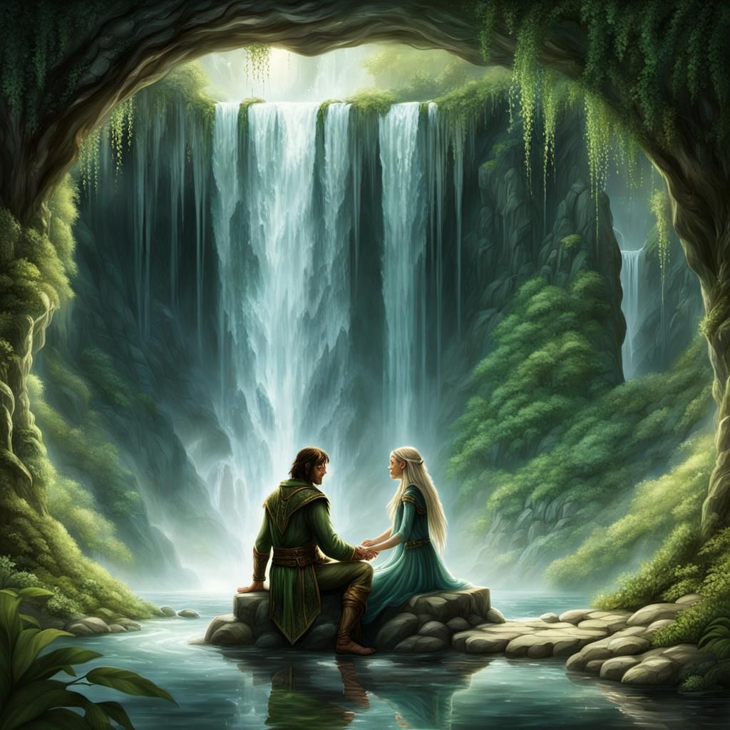 Romantic Elves in Peaceful Waterfall Alcove