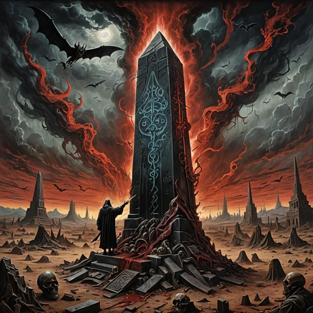 Sinister Desert Obelisk with Sorcerer, in Graffiti Style