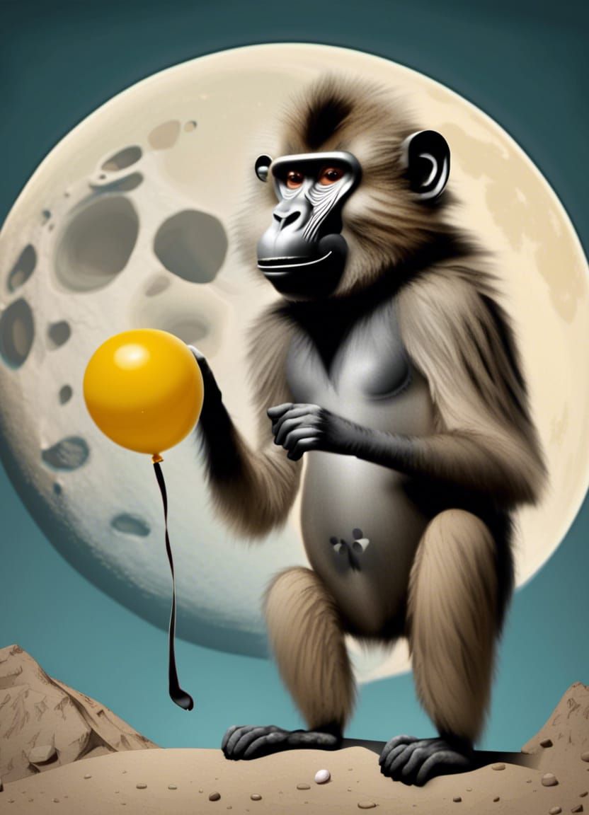 Baboon on the Moon with Balloon and Spoon