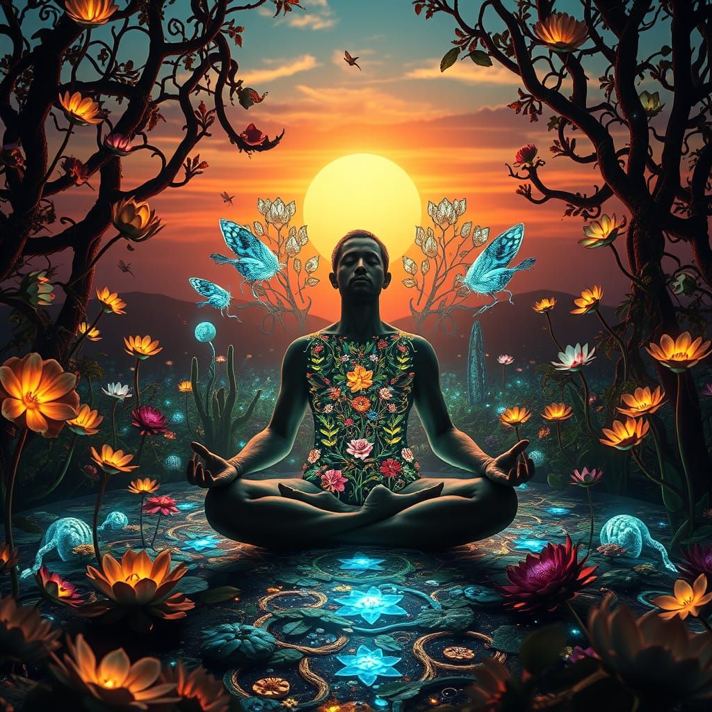 Mystical Man Meditating in Surreal Light Labyrinth