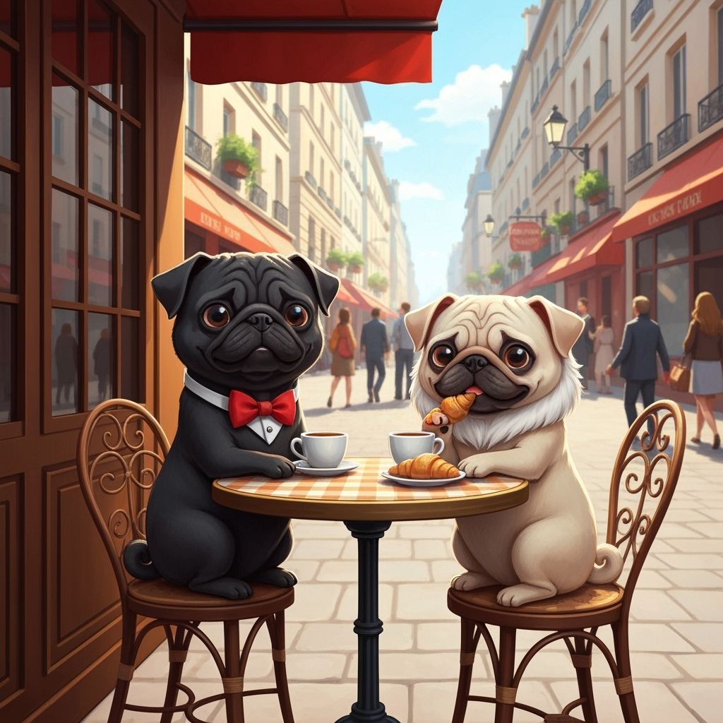 Pugs Enjoying Coffee at Parisian Cafe