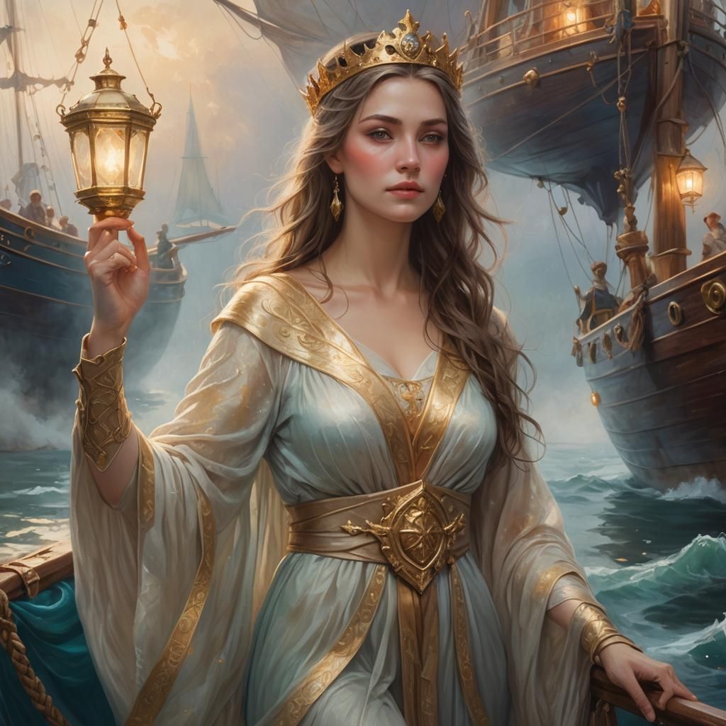 Mystical Captain Guides Ship to Port, Fantasy Art