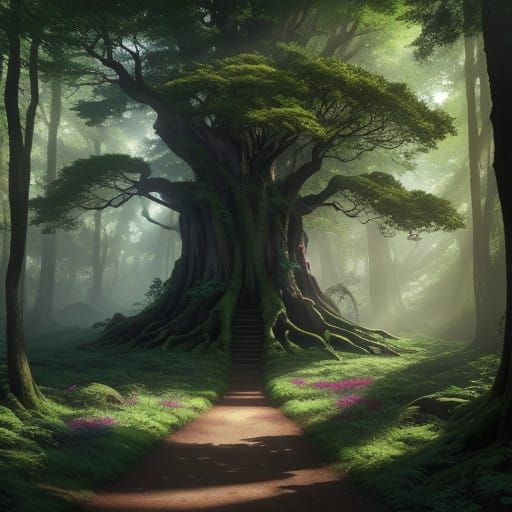 Vibrant Fantasy Tree in Enchanted Forest, Anime-Inspired Mas...