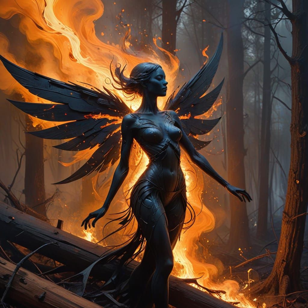 Ashen Fairy in Charred Forest, Abstract Cubism