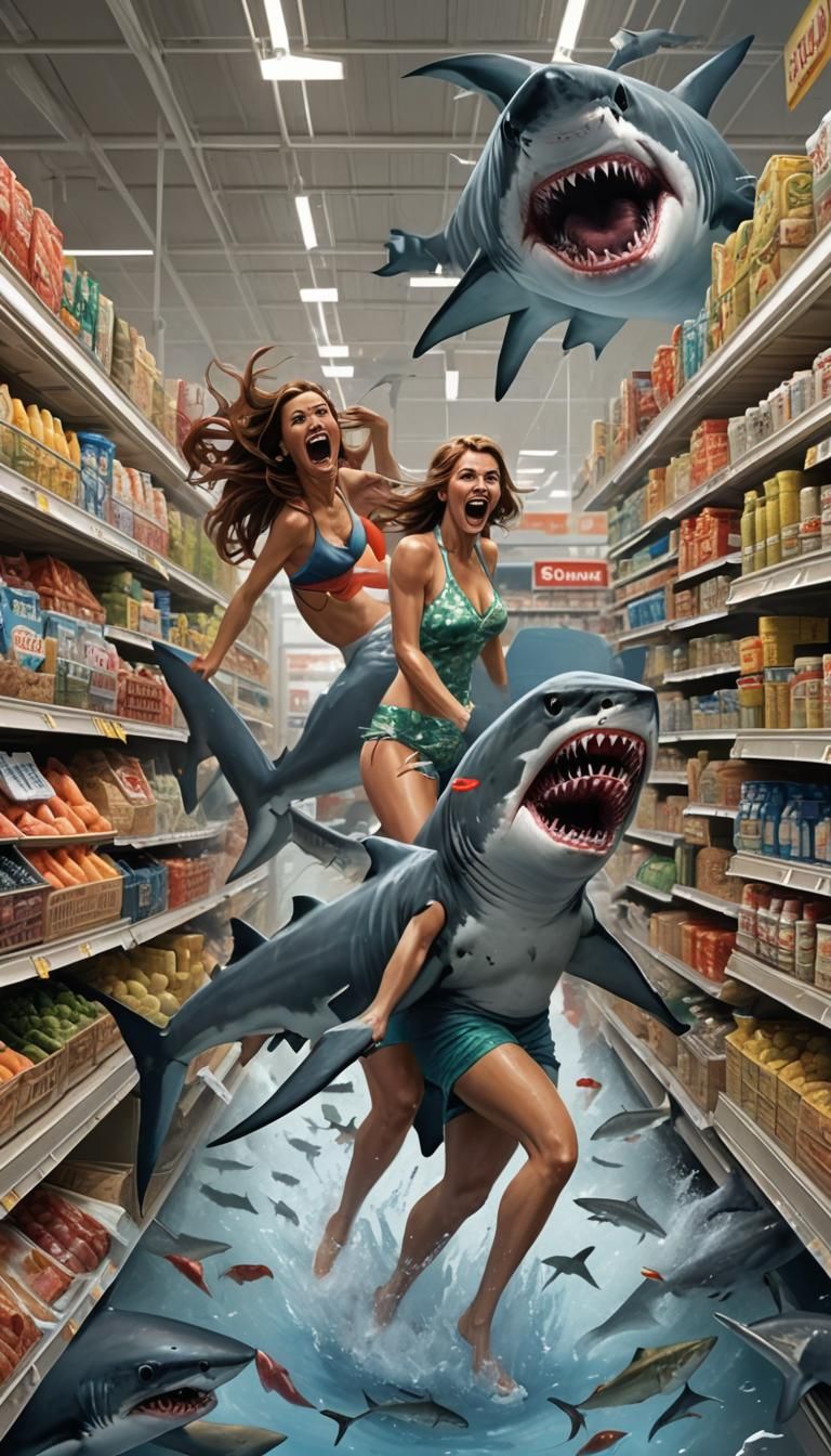 Shark attacking a bikini woman in the frozen food section of the grocery store