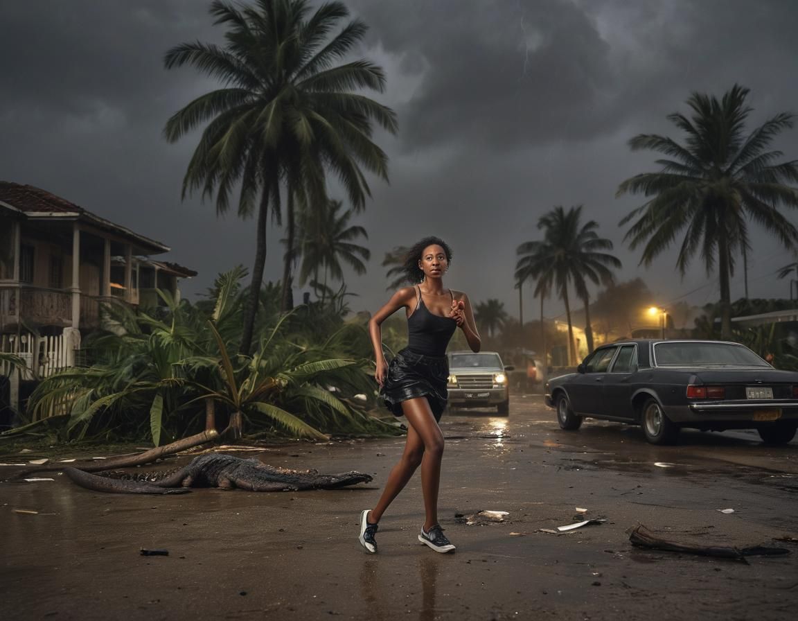 Woman Fleeing Hurricane Disaster in Cinematic Style