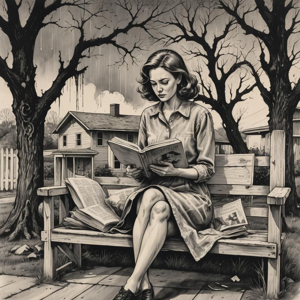 Melancholy Woman Reads as Atomic Bomb Explodes