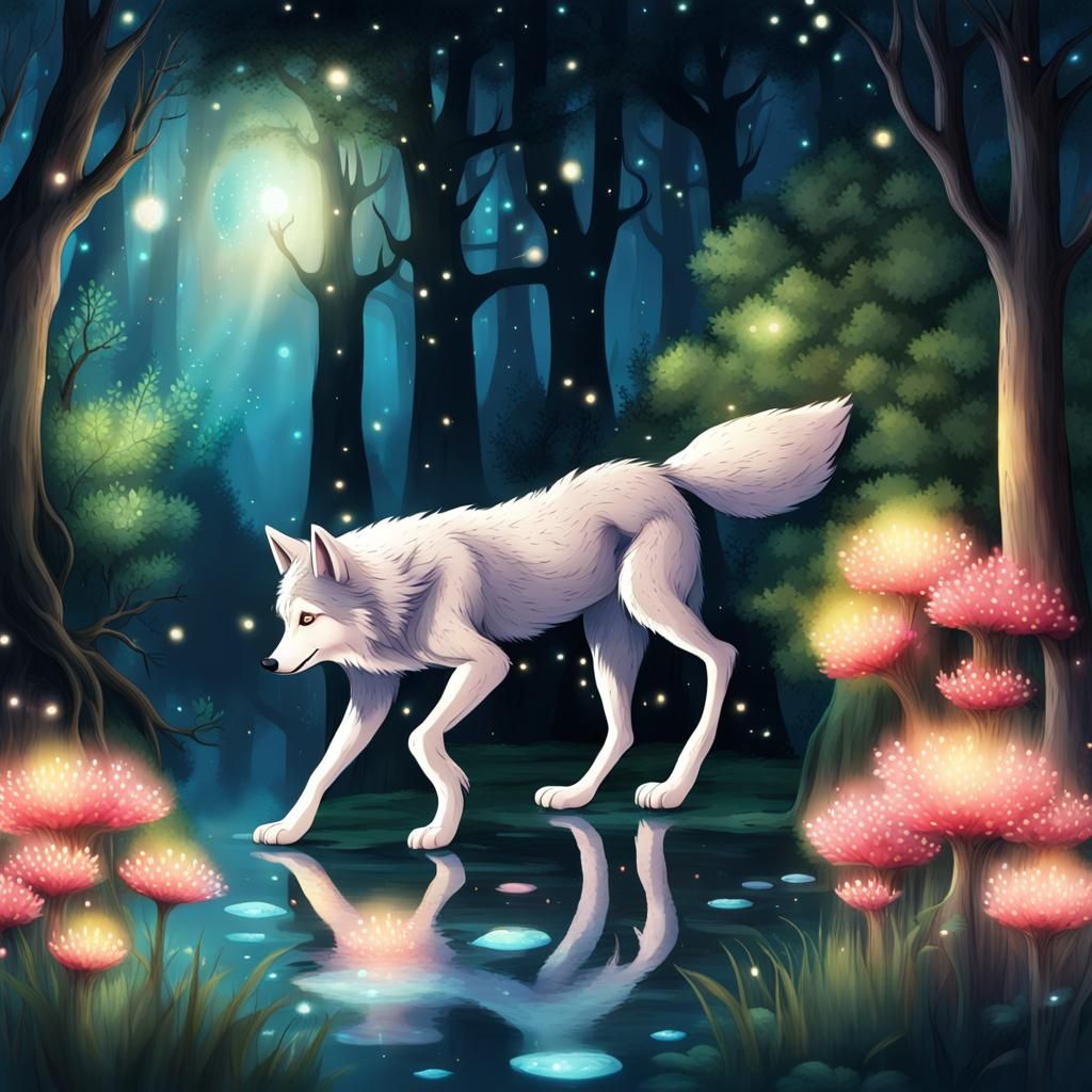 Magical Wolf Underwater Scene with Treehouse