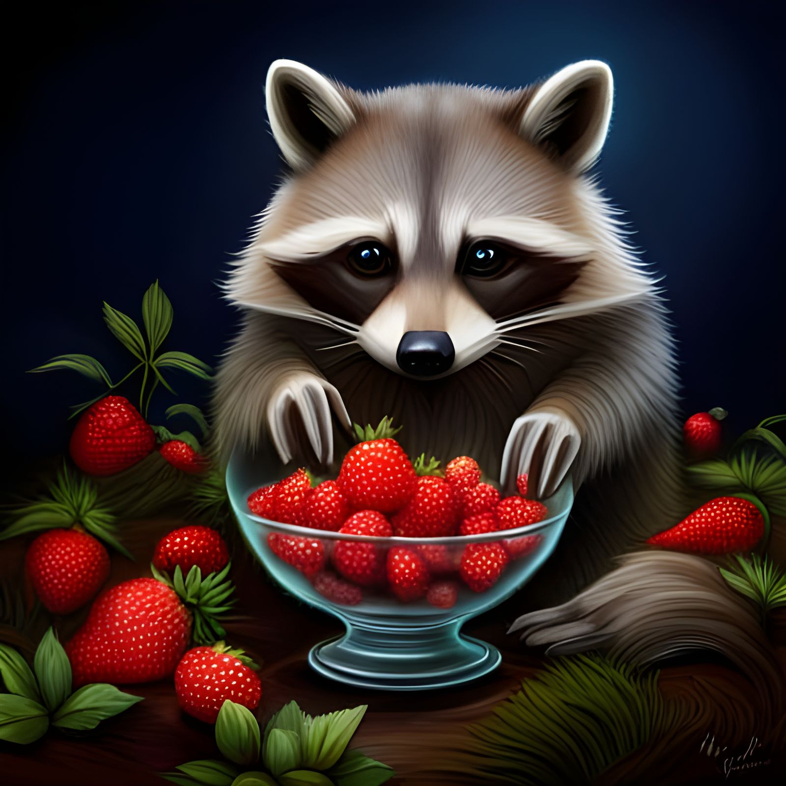 Raccoon Feast: Strawberries in Crystal Bowl